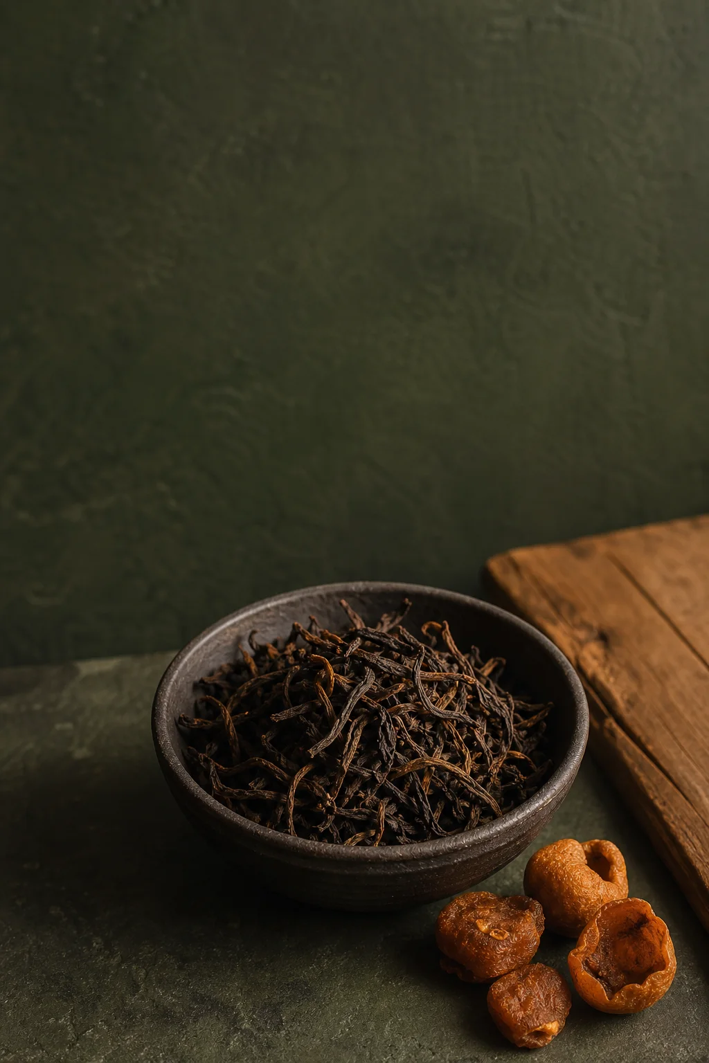 Whole-leaf Old Tree Black tea with dried longan in a dark earthenware bowl.