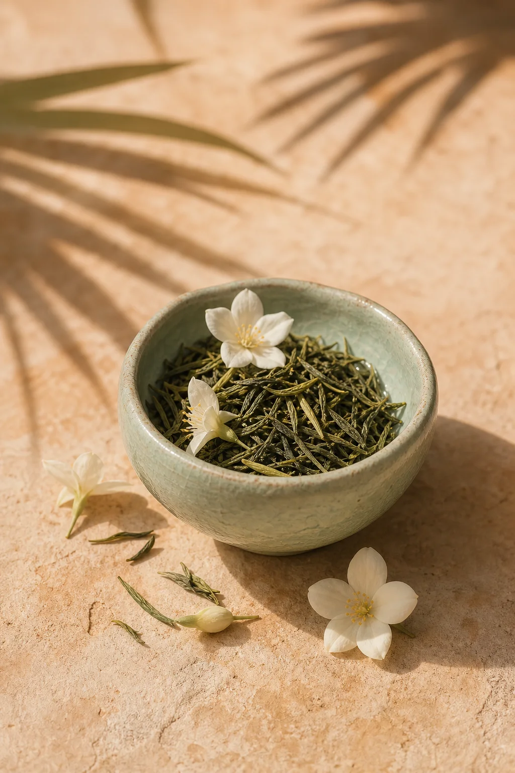 Phuket Jasmine Green tea with fresh jasmine blossoms in a celadon bowl.