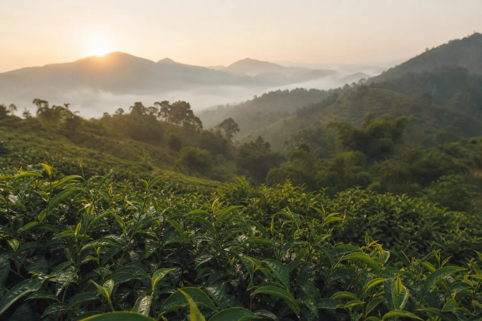 Tea leaves overlooking misty green mountains in northern Thailand at sunrise.