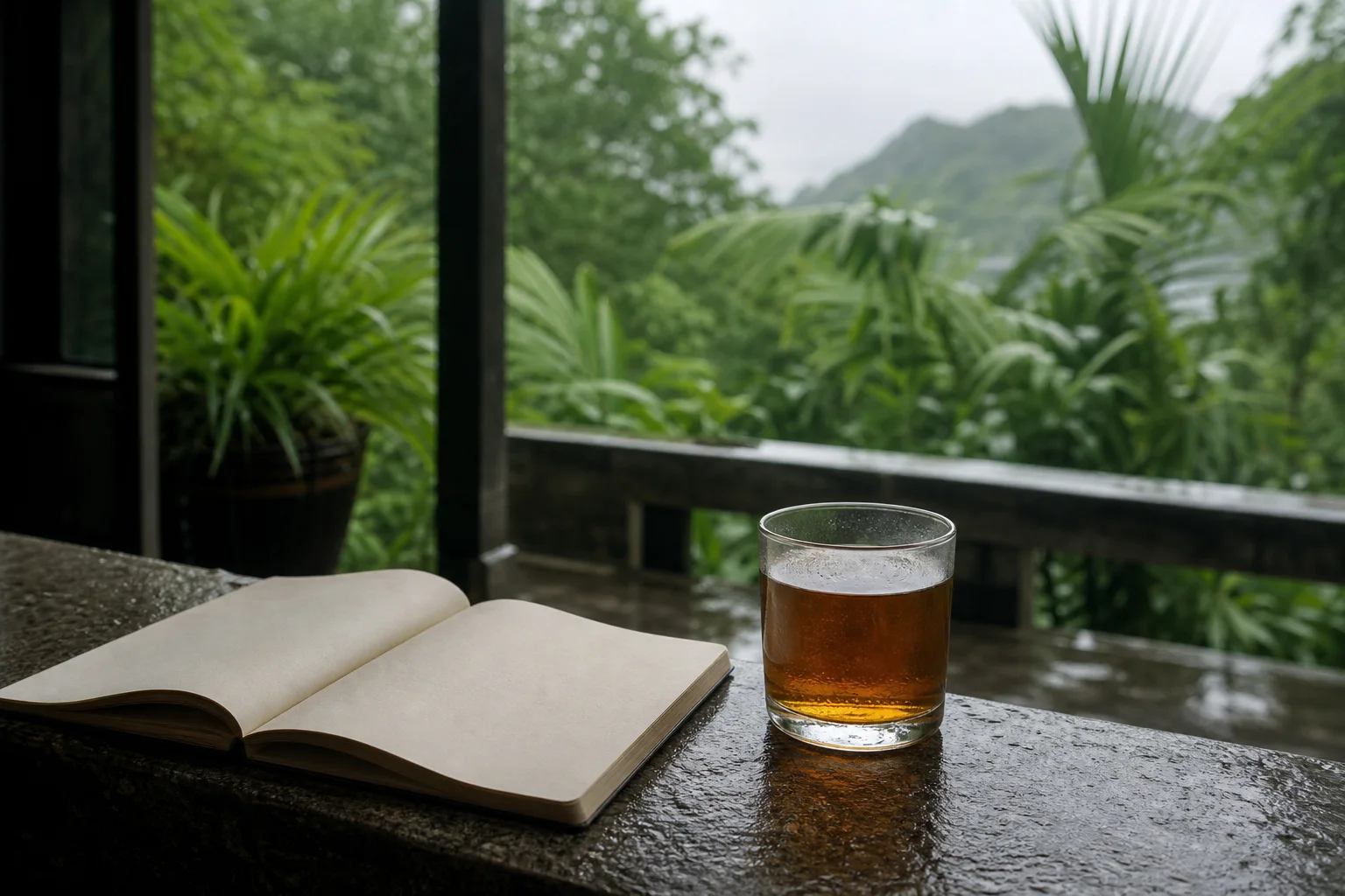 A glass of amber tea and an open notebook on a rain-wet Phuket veranda