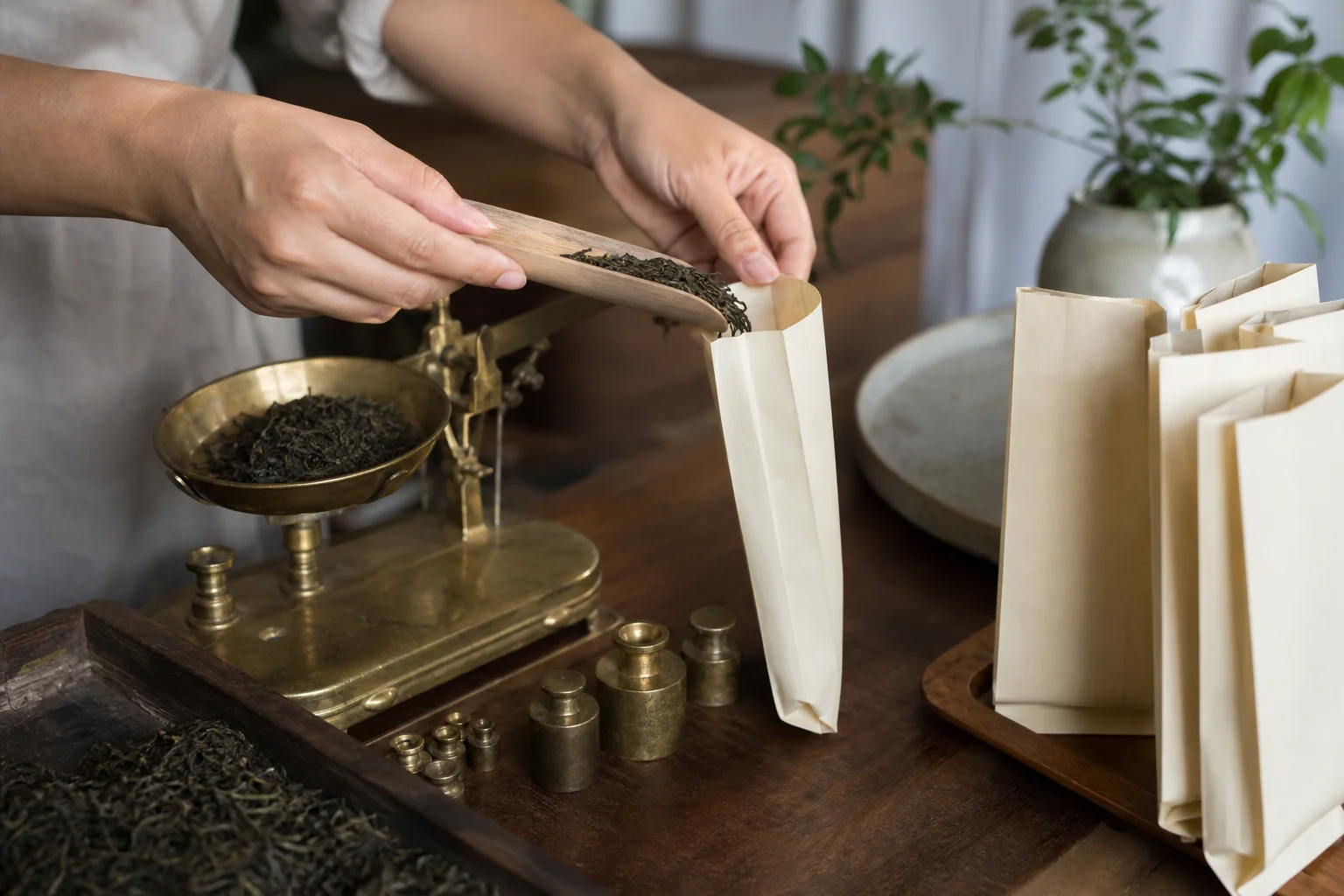 Loose-leaf tea being weighed and packed by hand