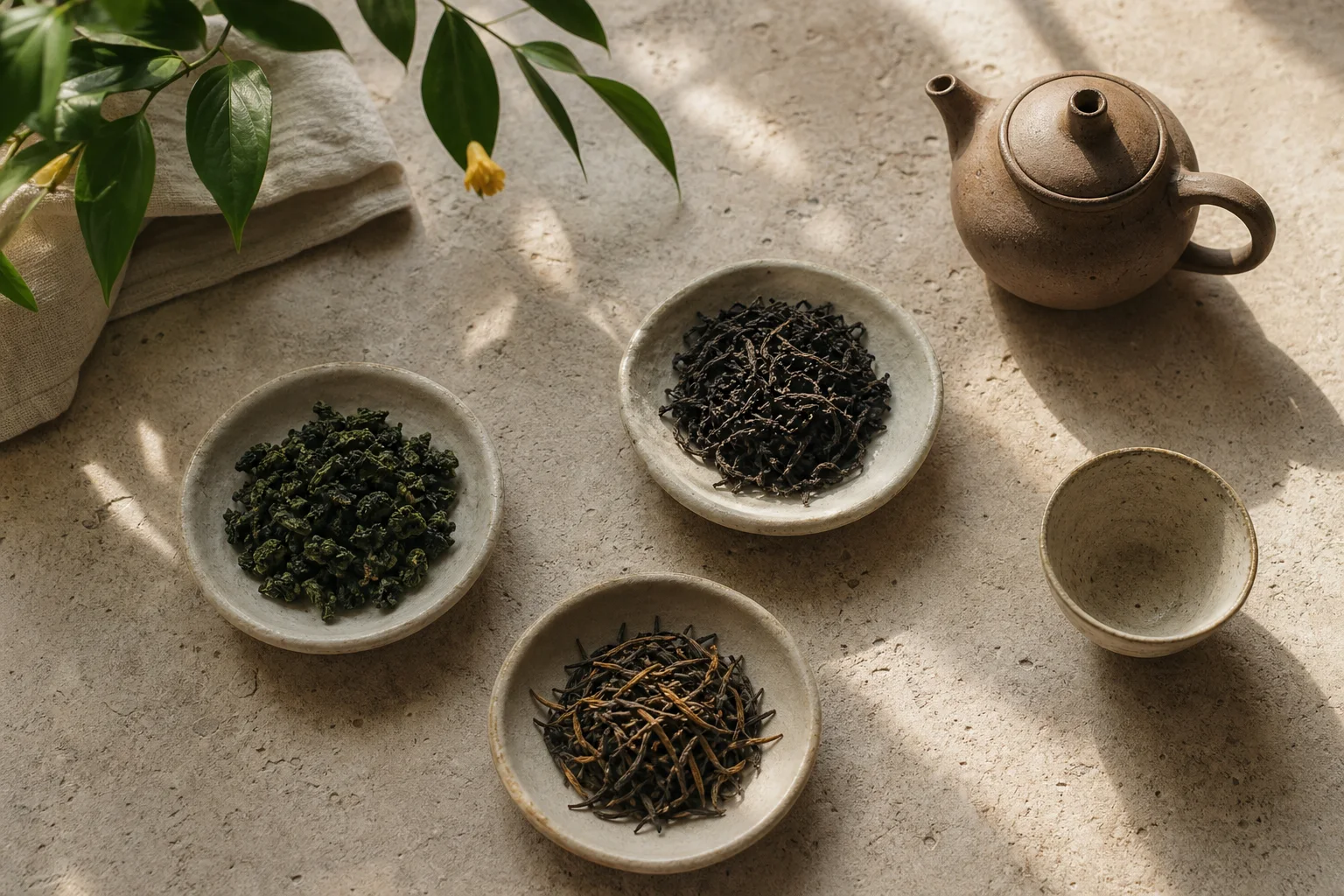 Three loose-leaf teas in handmade ceramic dishes beside a clay teapot